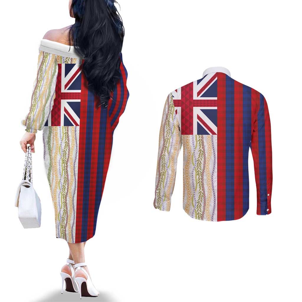 Hawaiian Tropical Plants Lei Couples Matching Off The Shoulder Long Sleeve Dress and Long Sleeve Button Shirt National Flag Style LT03 - Polynesian Pride