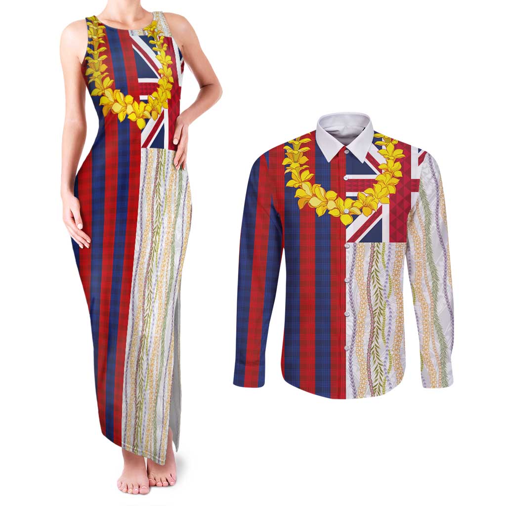 Hawaiian Tropical Plants Lei Couples Matching Tank Maxi Dress and Long Sleeve Button Shirt National Flag Style LT03 Multicolor - Polynesian Pride