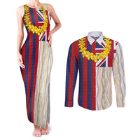 Hawaiian Tropical Plants Lei Couples Matching Tank Maxi Dress and Long Sleeve Button Shirt National Flag Style LT03 Multicolor - Polynesian Pride