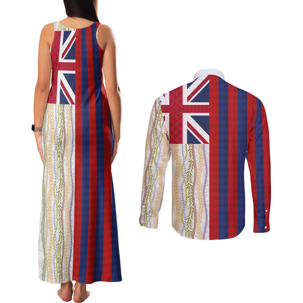 Hawaiian Tropical Plants Lei Couples Matching Tank Maxi Dress and Long Sleeve Button Shirt National Flag Style LT03 - Polynesian Pride