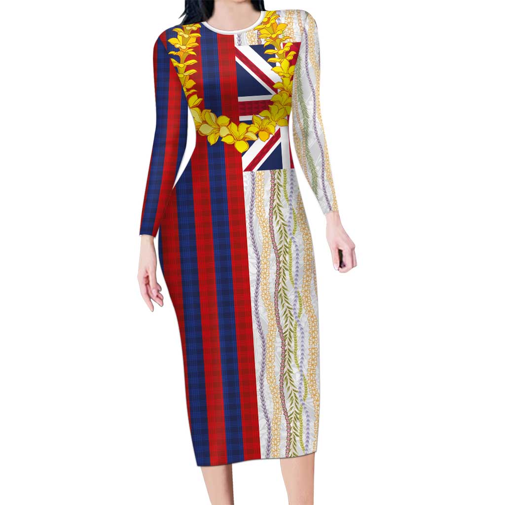 Hawaiian Tropical Plants Lei Family Matching Long Sleeve Bodycon Dress and Hawaiian Shirt National Flag Style LT03 Mom's Dress Multicolor - Polynesian Pride
