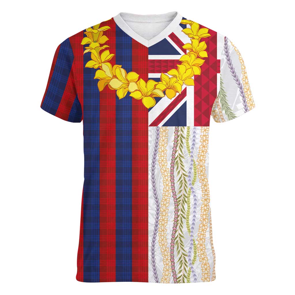 Hawaiian Tropical Plants Lei Women V-Neck T-Shirt National Flag Style - Polynesian Pride