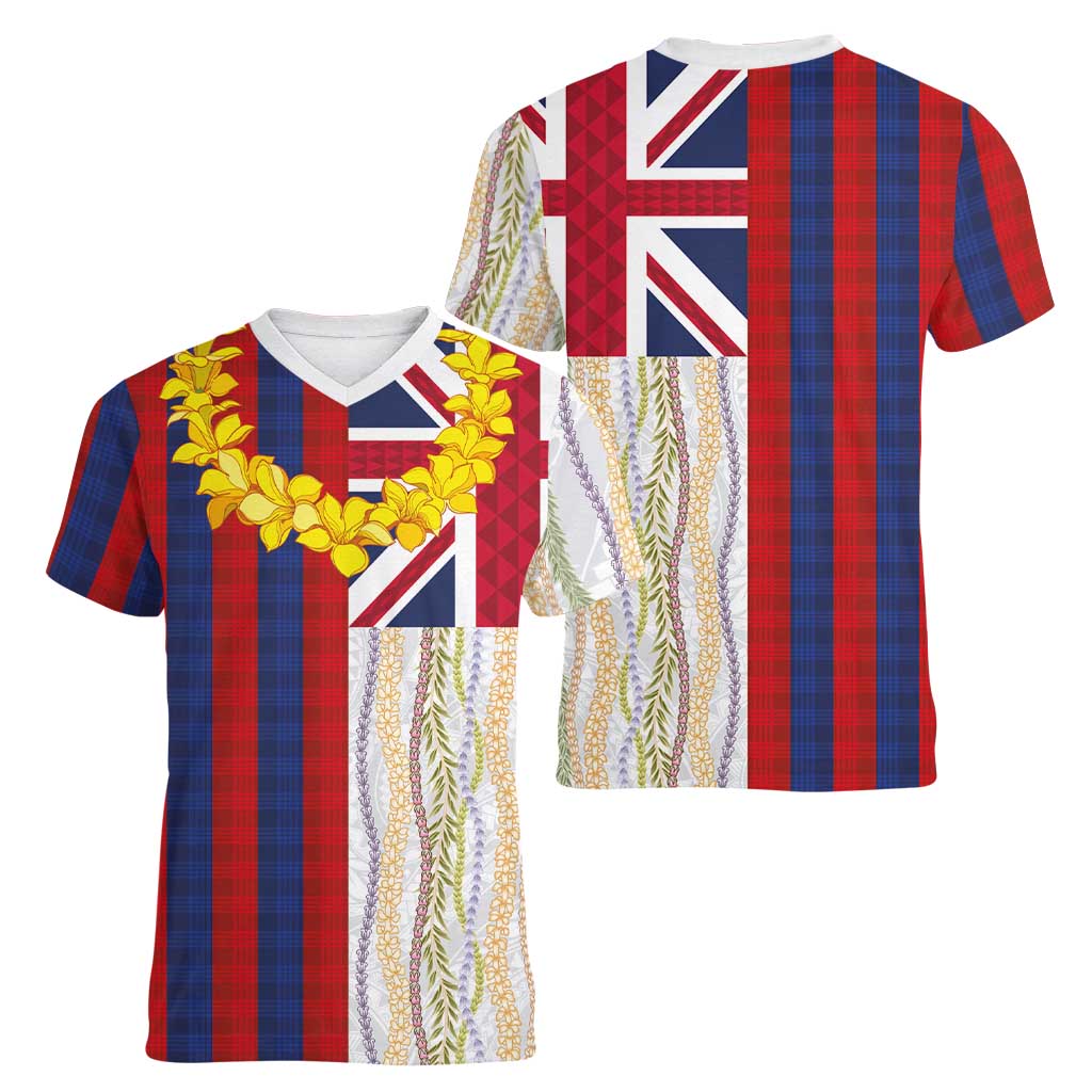 Hawaiian Tropical Plants Lei Women V-Neck T-Shirt National Flag Style - Polynesian Pride