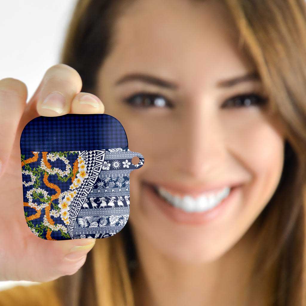 Hawaiian Plumeria Lei AirPods Case Kakau Motifs and Palaka Half Style Blue Color LT03 - Polynesian Pride