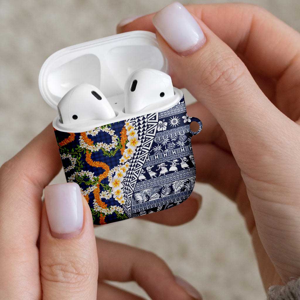 Hawaiian Plumeria Lei AirPods Case Kakau Motifs and Palaka Half Style Blue Color LT03 - Polynesian Pride