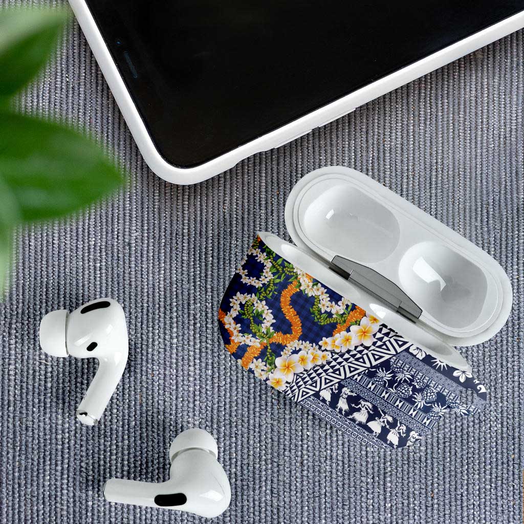 Hawaiian Plumeria Lei AirPods Case Kakau Motifs and Palaka Half Style Blue Color LT03 - Polynesian Pride