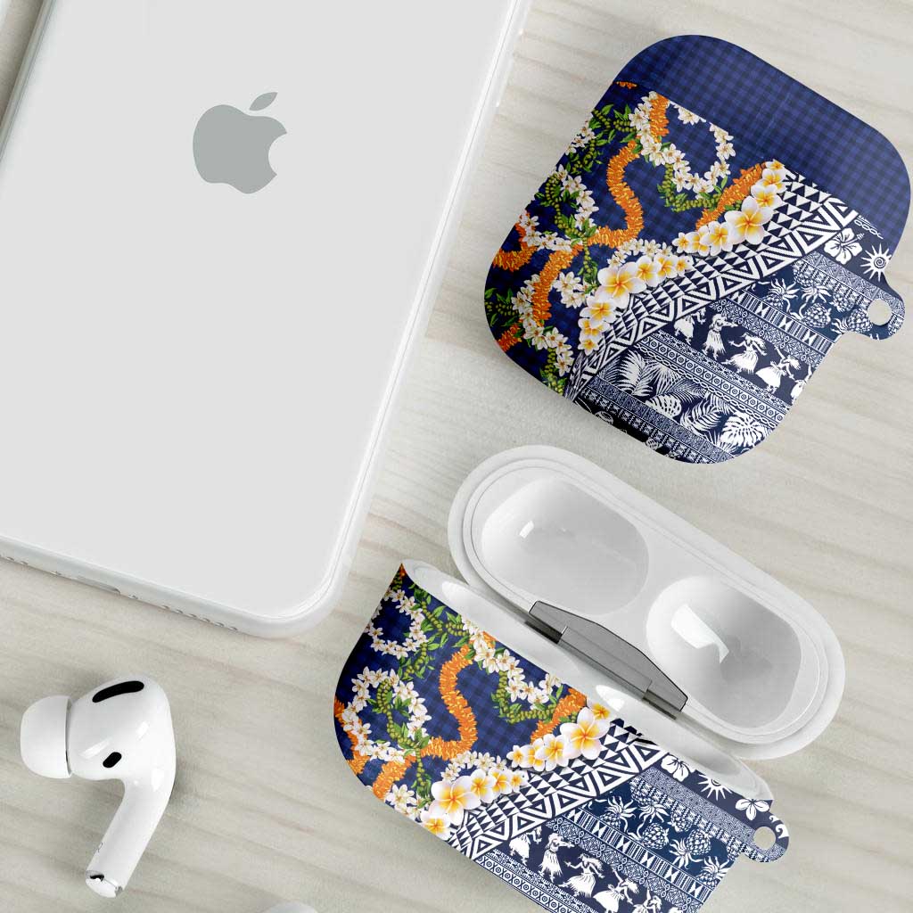 Hawaiian Plumeria Lei AirPods Case Kakau Motifs and Palaka Half Style Blue Color LT03 - Polynesian Pride