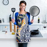 Hawaiian Plumeria Lei Apron Kakau Motifs and Palaka Half Style Blue Color - Polynesian Pride