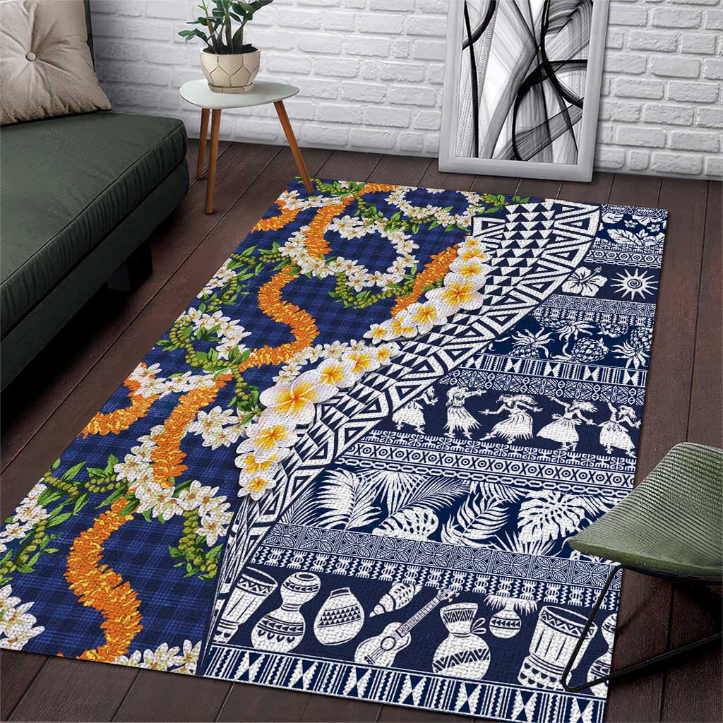 Hawaiian Plumeria Lei Area Rug Kakau Motifs and Palaka Half Style Blue Color LT03 Blue - Polynesian Pride