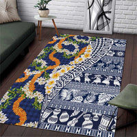 Hawaiian Plumeria Lei Area Rug Kakau Motifs and Palaka Half Style Blue Color LT03 Blue - Polynesian Pride