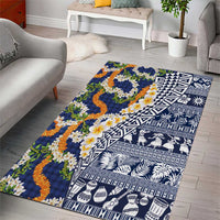 Hawaiian Plumeria Lei Area Rug Kakau Motifs and Palaka Half Style Blue Color LT03 - Polynesian Pride