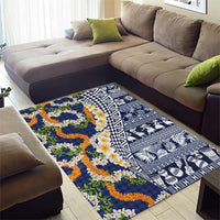 Hawaiian Plumeria Lei Area Rug Kakau Motifs and Palaka Half Style Blue Color LT03 - Polynesian Pride