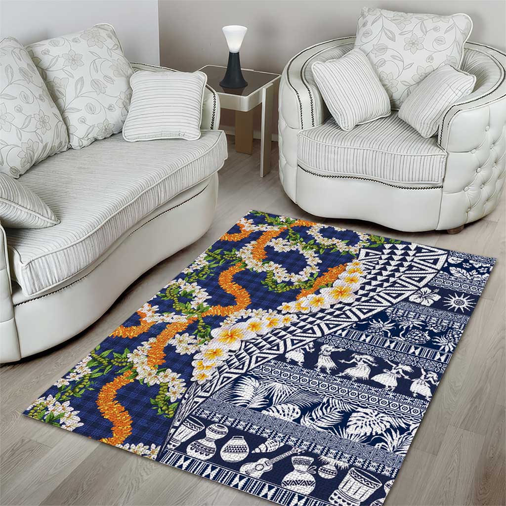 Hawaiian Plumeria Lei Area Rug Kakau Motifs and Palaka Half Style Blue Color LT03 - Polynesian Pride