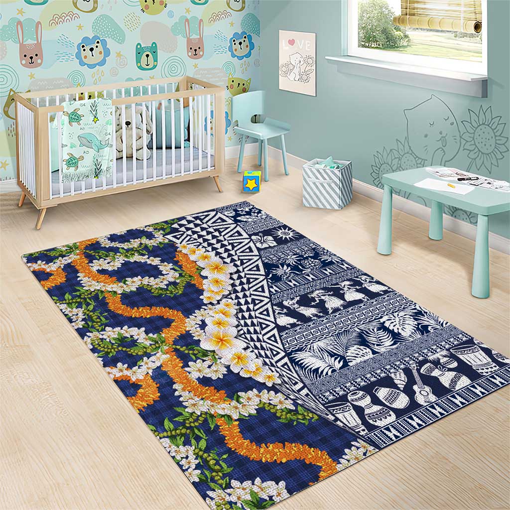 Hawaiian Plumeria Lei Area Rug Kakau Motifs and Palaka Half Style Blue Color LT03 - Polynesian Pride
