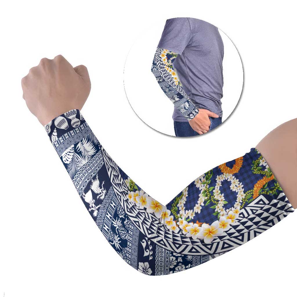 Hawaiian Plumeria Lei Arm Sleeves Kakau Motifs and Palaka Half Style Blue Color LT03 Set of 2 Blue - Polynesian Pride