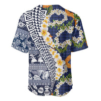 Hawaiian Plumeria Lei Baseball Jersey Kakau Motifs and Palaka Half Style Blue Color - Polynesian Pride