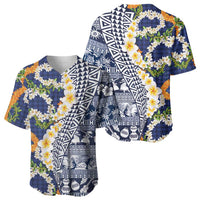 Hawaiian Plumeria Lei Baseball Jersey Kakau Motifs and Palaka Half Style Blue Color - Polynesian Pride