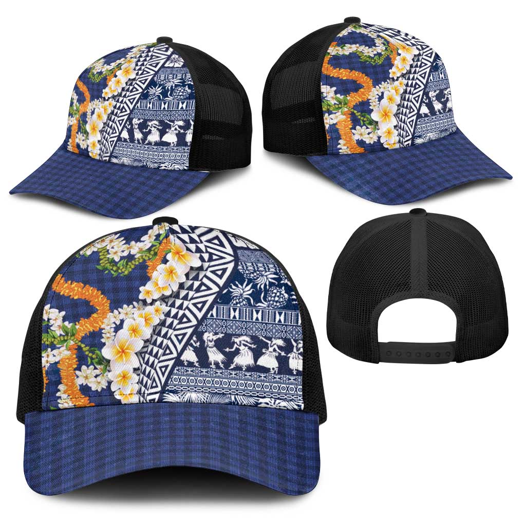 Hawaiian Plumeria Lei Baseball Net Cap Kakau Motifs and Palaka Half Style Blue Color - Polynesian Pride