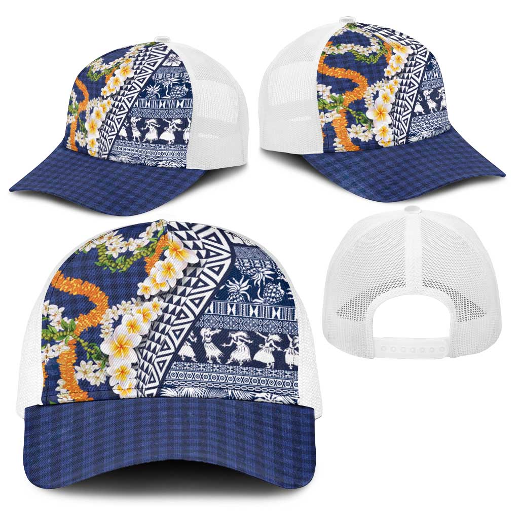 Hawaiian Plumeria Lei Baseball Net Cap Kakau Motifs and Palaka Half Style Blue Color - Polynesian Pride