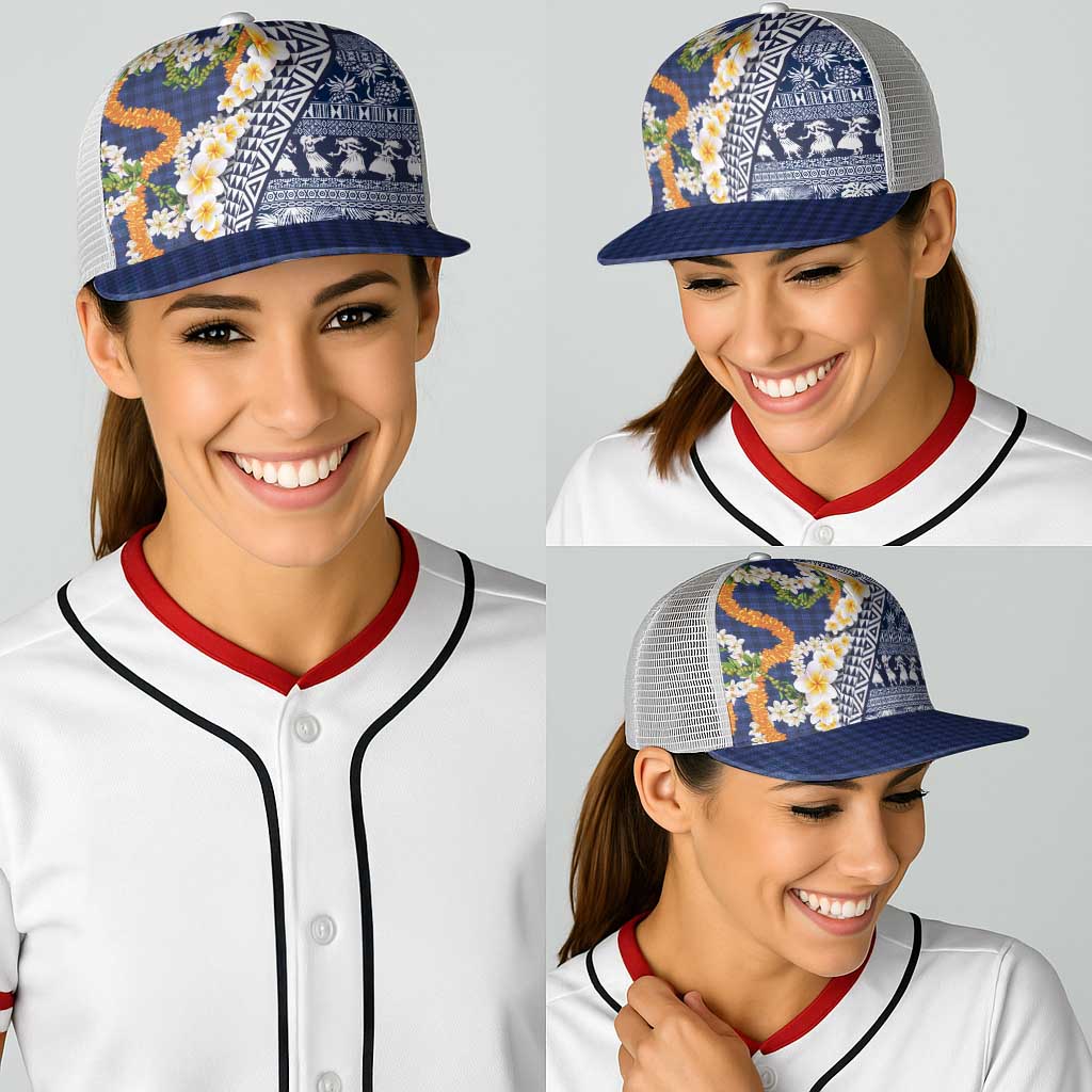 Hawaiian Plumeria Lei Baseball Net Cap Kakau Motifs and Palaka Half Style Blue Color - Polynesian Pride