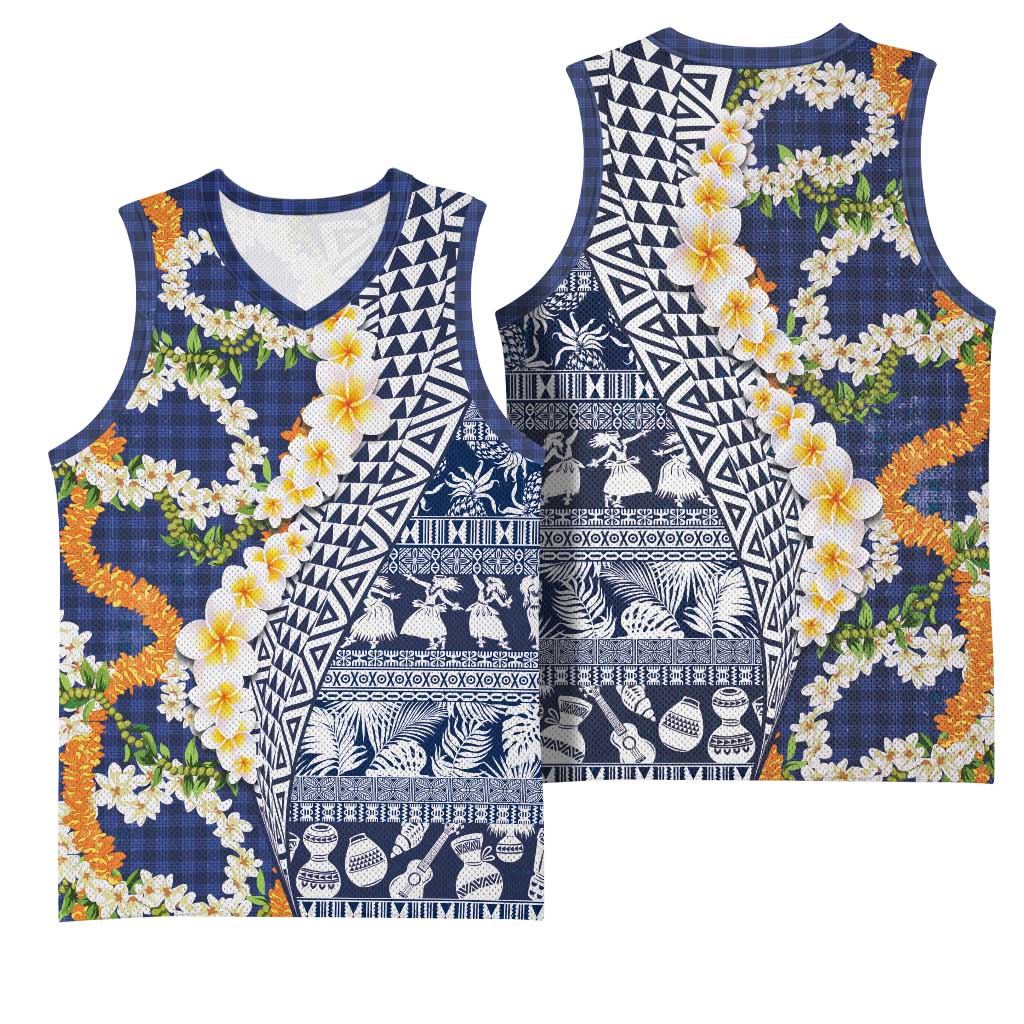 Hawaiian Plumeria Lei Basketball Jersey Kakau Motifs and Palaka Half Style Blue Color LT03 - Polynesian Pride