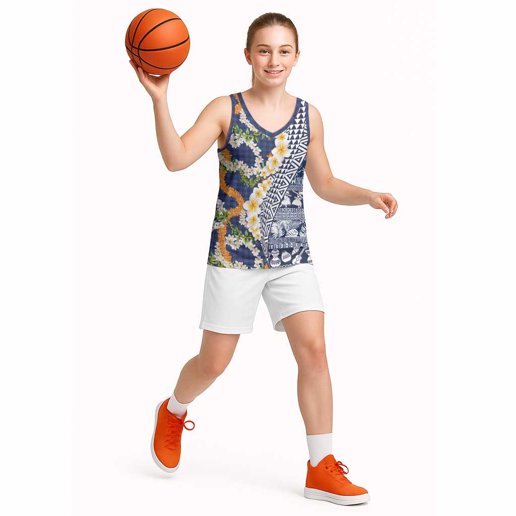 Hawaiian Plumeria Lei Basketball Jersey Kakau Motifs and Palaka Half Style Blue Color LT03 - Polynesian Pride