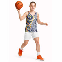 Hawaiian Plumeria Lei Basketball Jersey Kakau Motifs and Palaka Half Style Blue Color LT03 - Polynesian Pride
