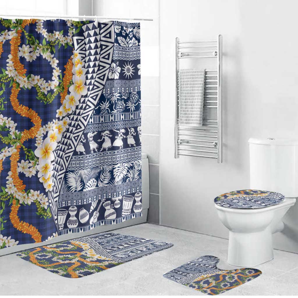 Hawaiian Plumeria Lei Bathroom Set Kakau Motifs and Palaka Half Style Blue Color - Polynesian Pride