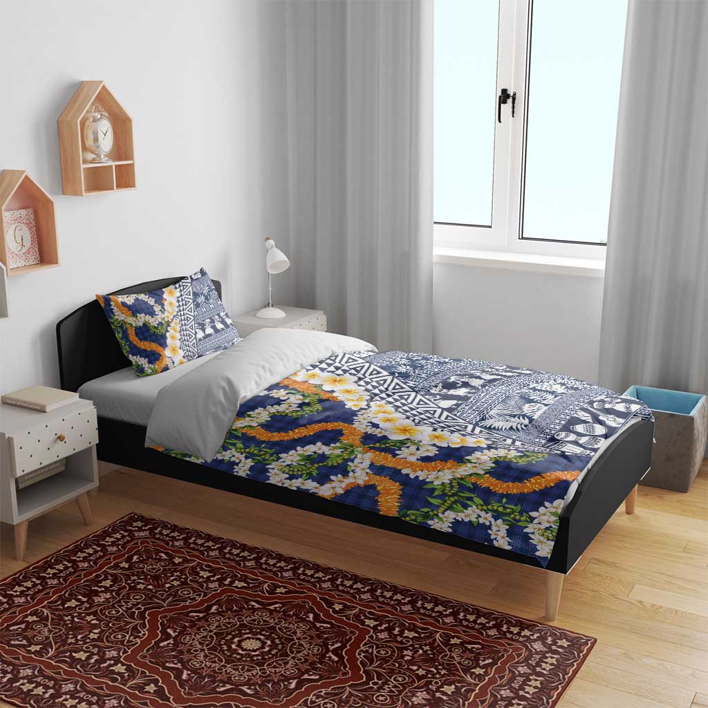 Hawaiian Plumeria Lei Bedding Set Kakau Motifs and Palaka Half Style Blue Color - Polynesian Pride
