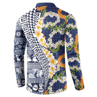 Hawaiian Plumeria Lei Button Sweatshirt Kakau Motifs and Palaka Half Style Blue Color - Polynesian Pride