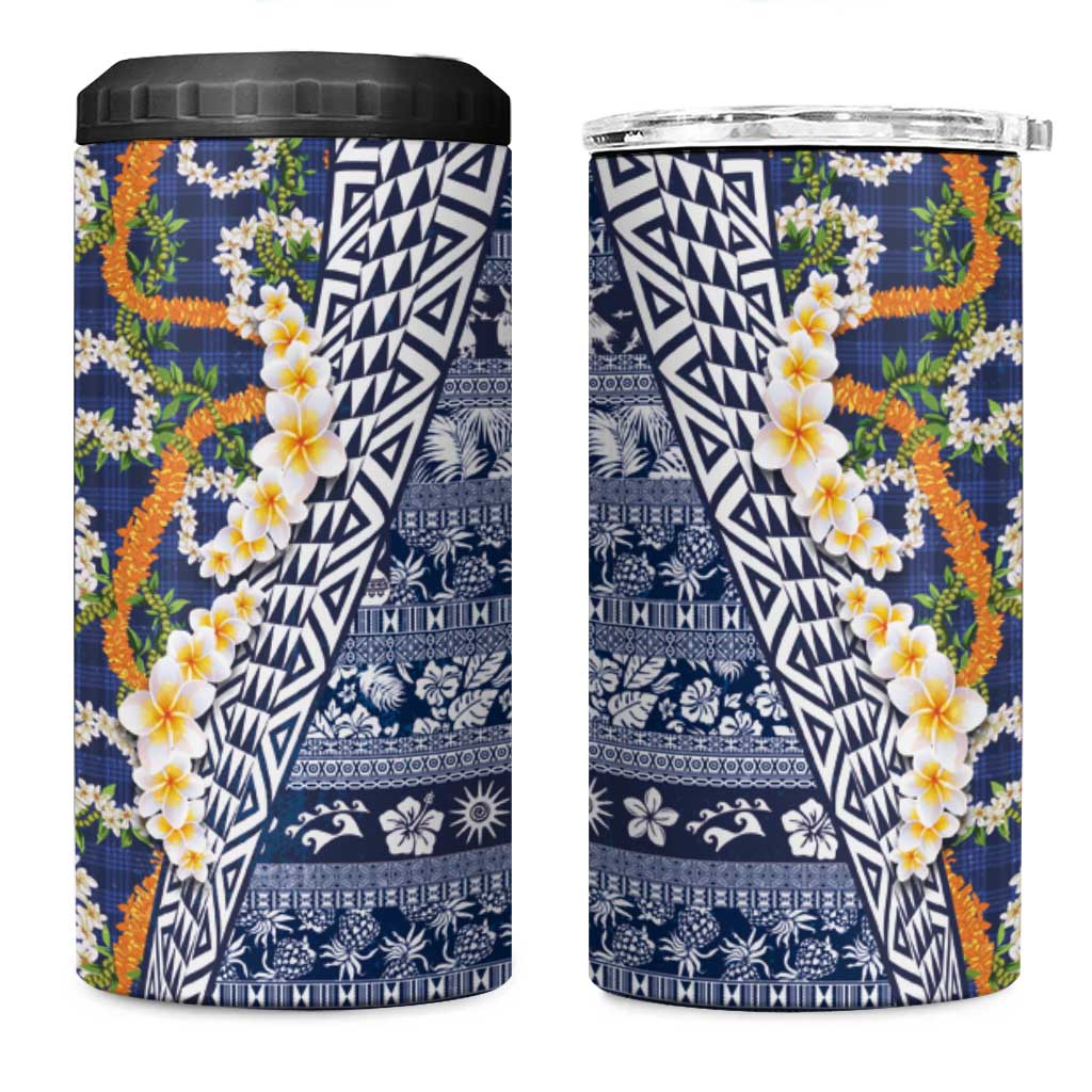 Hawaiian Plumeria Lei 4 in 1 Can Cooler Tumbler Kakau Motifs and Palaka Half Style Blue Color LT03 One Size: 16 oz Blue - Polynesian Pride