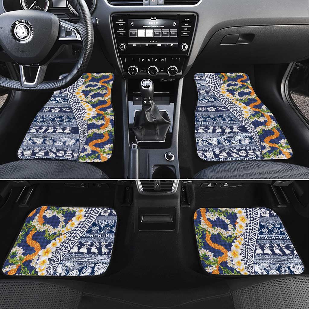 Hawaiian Plumeria Lei Car Mats Kakau Motifs and Palaka Half Style Blue Color LT03 Set 4pcs Blue - Polynesian Pride