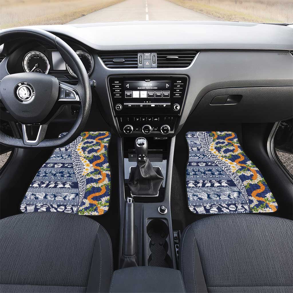Hawaiian Plumeria Lei Car Mats Kakau Motifs and Palaka Half Style Blue Color LT03 Set 2pcs - Front Blue - Polynesian Pride