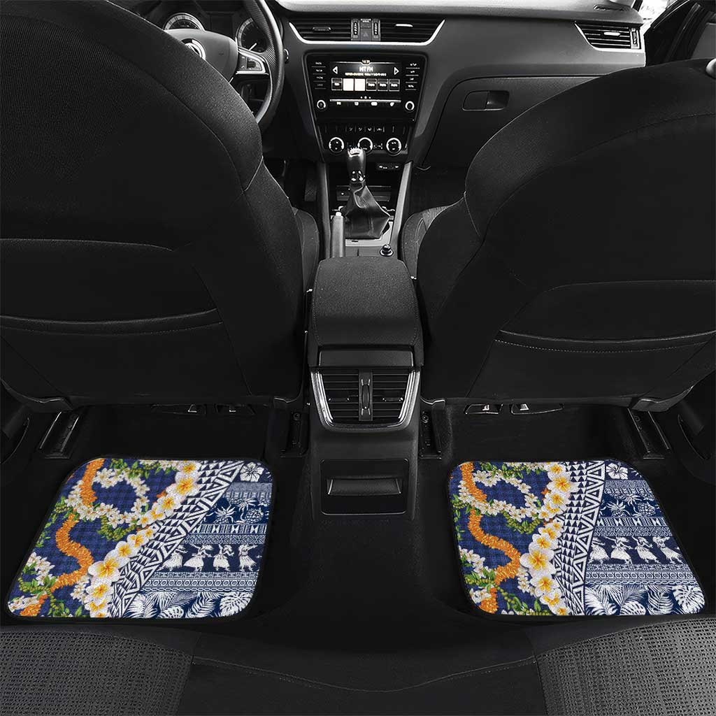 Hawaiian Plumeria Lei Car Mats Kakau Motifs and Palaka Half Style Blue Color LT03 Set 2pcs - Back Blue - Polynesian Pride