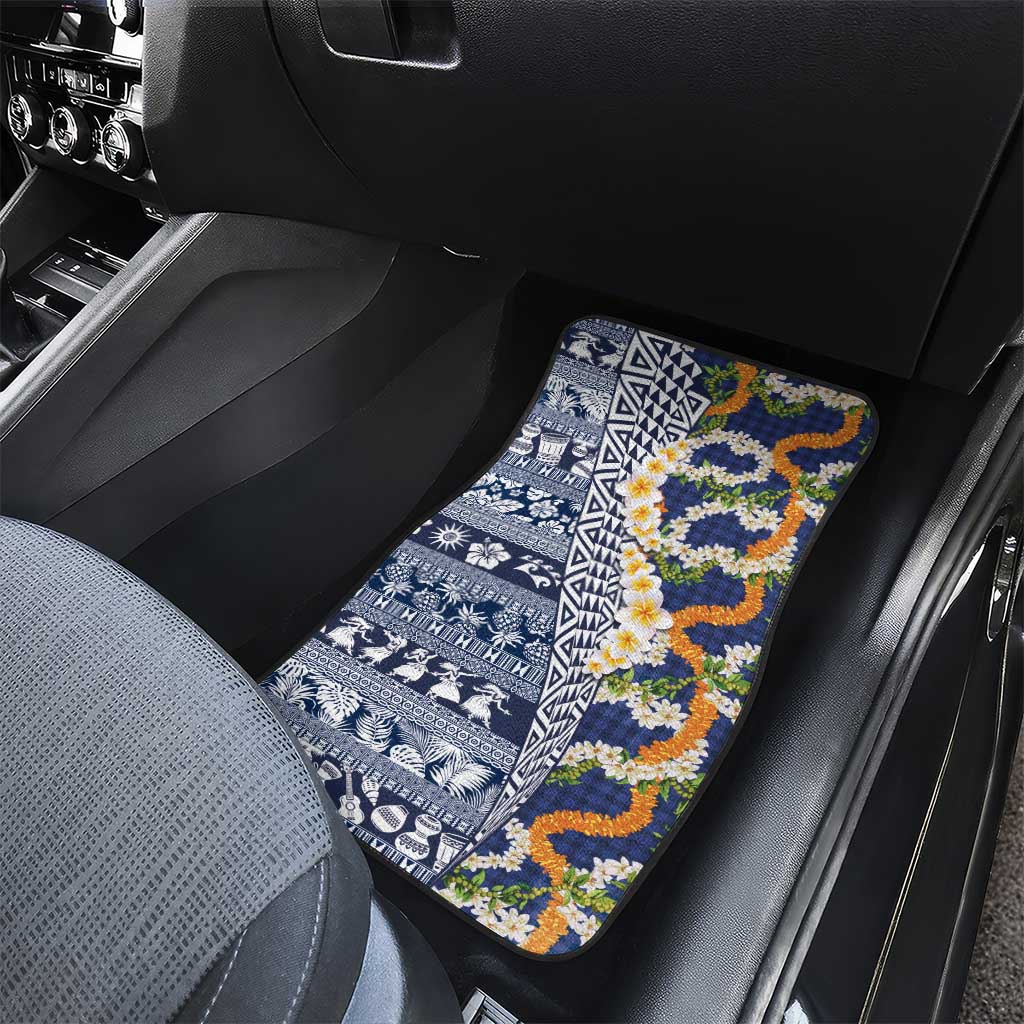 Hawaiian Plumeria Lei Car Mats Kakau Motifs and Palaka Half Style Blue Color LT03 - Polynesian Pride