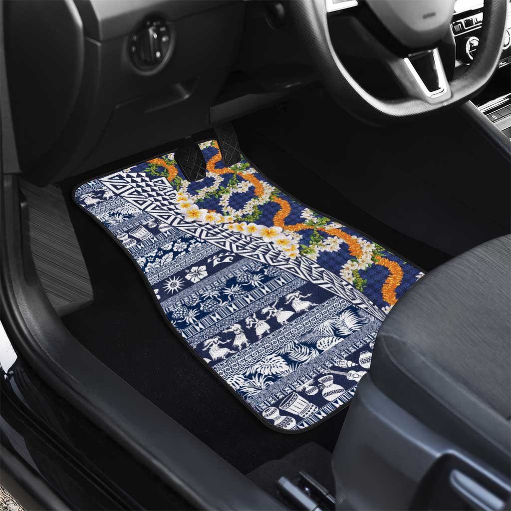 Hawaiian Plumeria Lei Car Mats Kakau Motifs and Palaka Half Style Blue Color LT03 - Polynesian Pride