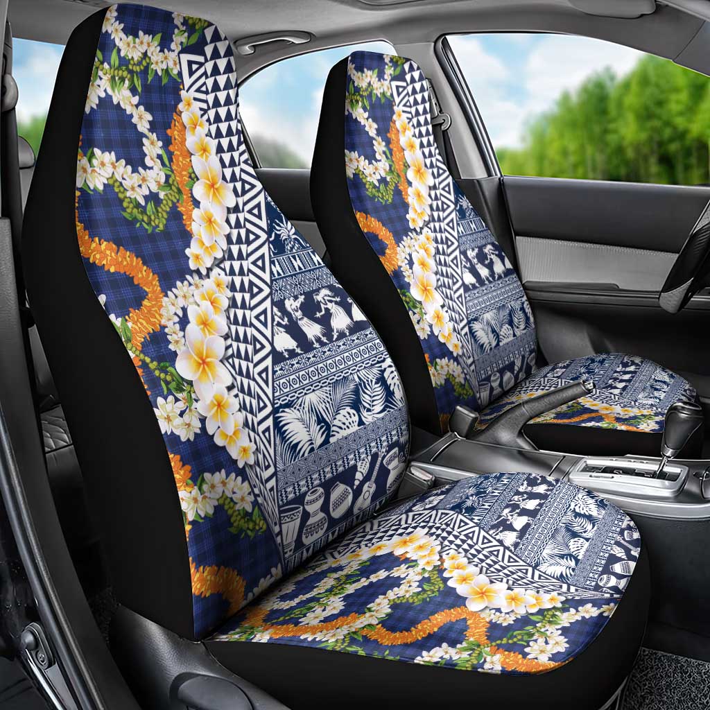 Hawaiian Plumeria Lei Car Seat Cover Kakau Motifs and Palaka Half Style Blue Color LT03 - Polynesian Pride