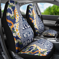 Hawaiian Plumeria Lei Car Seat Cover Kakau Motifs and Palaka Half Style Blue Color LT03 - Polynesian Pride
