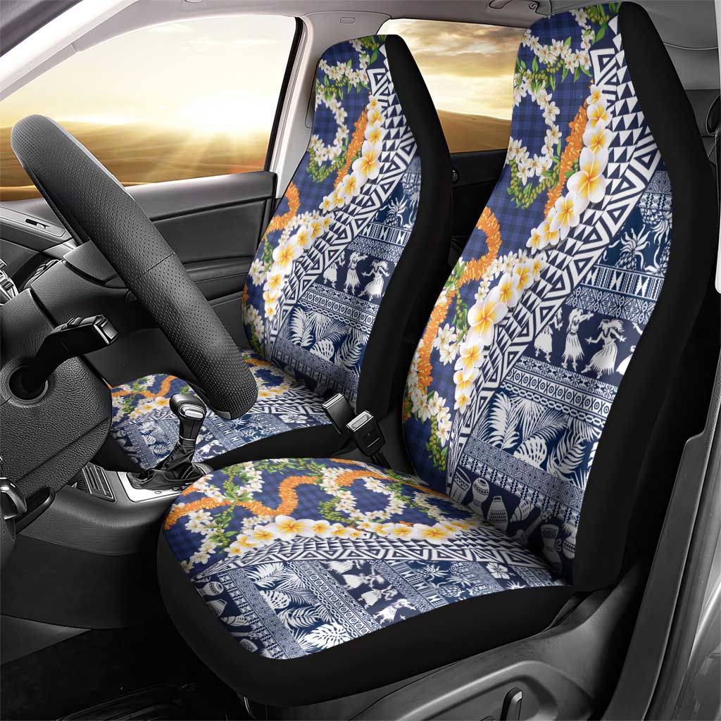 Hawaiian Plumeria Lei Car Seat Cover Kakau Motifs and Palaka Half Style Blue Color LT03 - Polynesian Pride