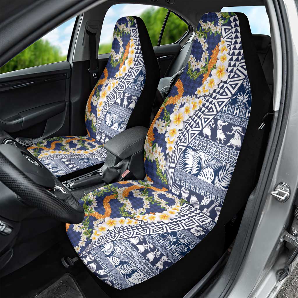 Hawaiian Plumeria Lei Car Seat Cover Kakau Motifs and Palaka Half Style Blue Color LT03 - Polynesian Pride