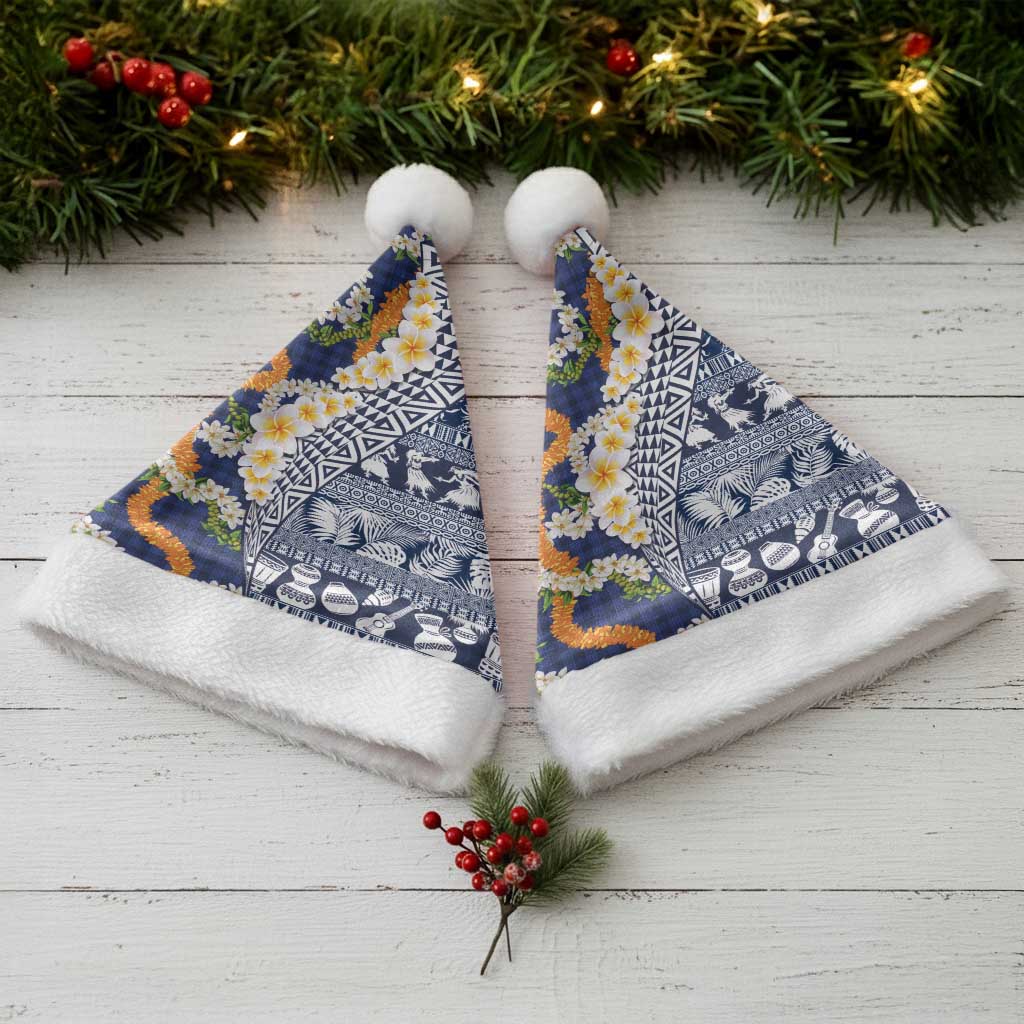 Hawaiian Plumeria Lei Christmas Santa Hat Kakau Motifs and Palaka Half Style Blue Color LT03 - Polynesian Pride