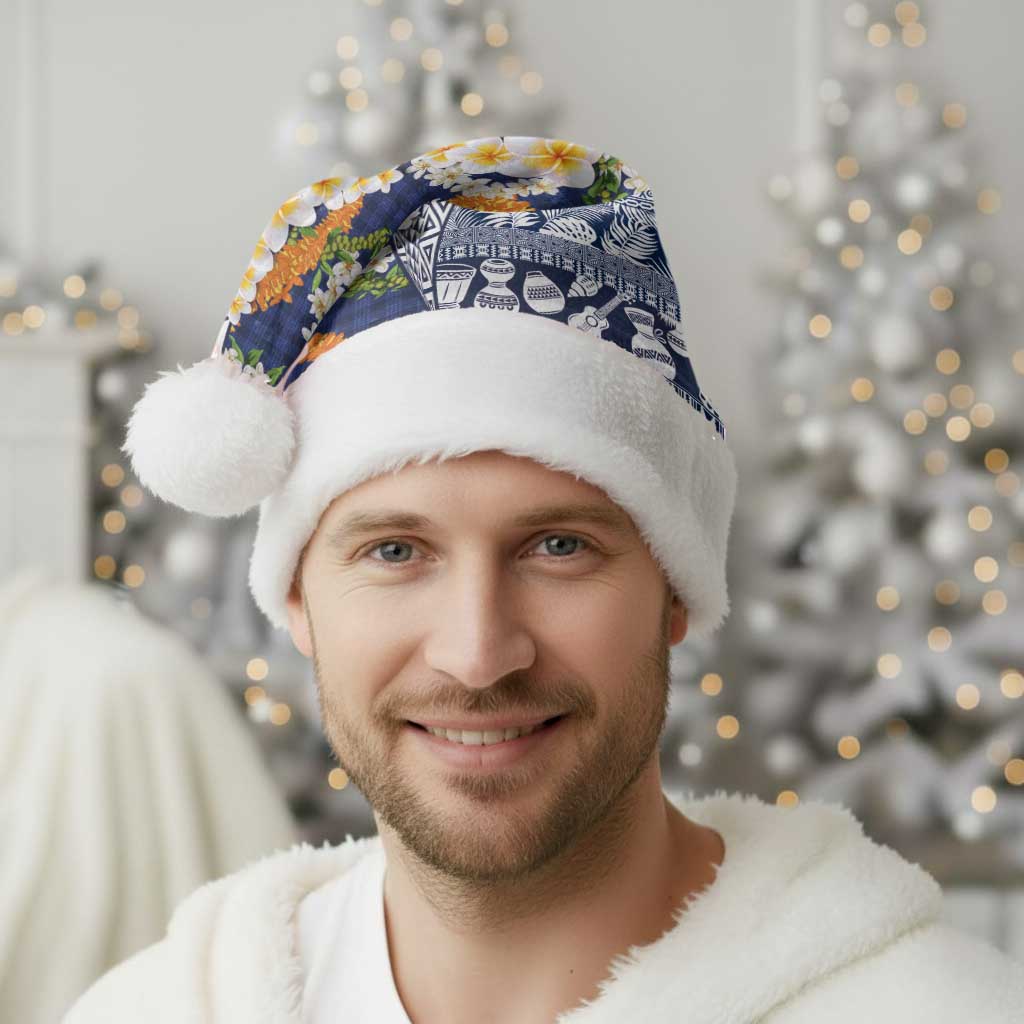 Hawaiian Plumeria Lei Christmas Santa Hat Kakau Motifs and Palaka Half Style Blue Color LT03 - Polynesian Pride