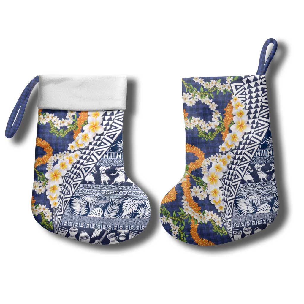 Hawaiian Plumeria Lei Christmas Stocking Kakau Motifs and Palaka Half Style Blue Color LT03 - Polynesian Pride