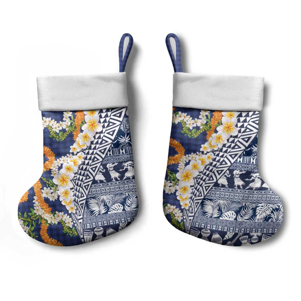 Hawaiian Plumeria Lei Christmas Stocking Kakau Motifs and Palaka Half Style Blue Color LT03 - Polynesian Pride