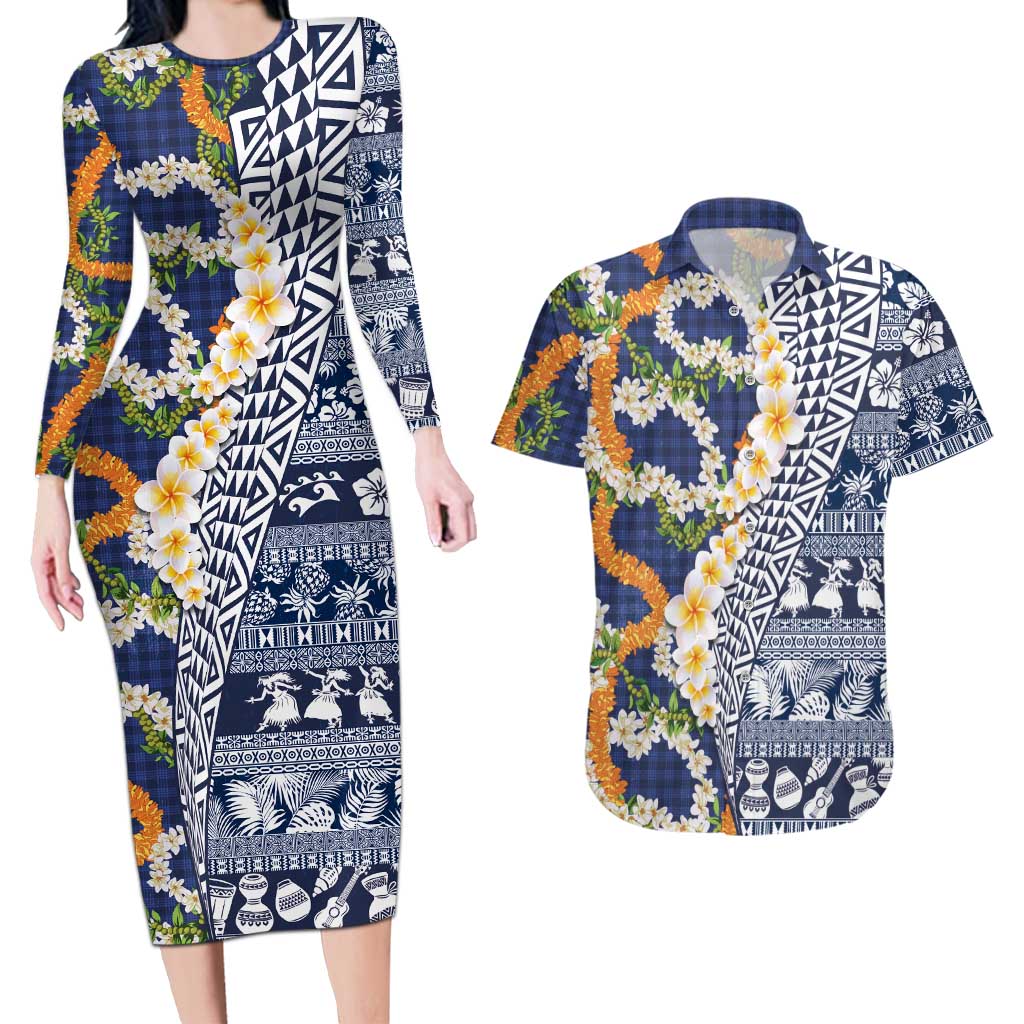 Hawaiian Plumeria Lei Couples Matching Long Sleeve Bodycon Dress and Hawaiian Shirt Kakau Motifs and Palaka Half Style Blue Color LT03 Blue - Polynesian Pride