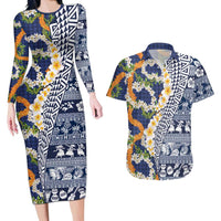 Hawaiian Plumeria Lei Couples Matching Long Sleeve Bodycon Dress and Hawaiian Shirt Kakau Motifs and Palaka Half Style Blue Color LT03 Blue - Polynesian Pride