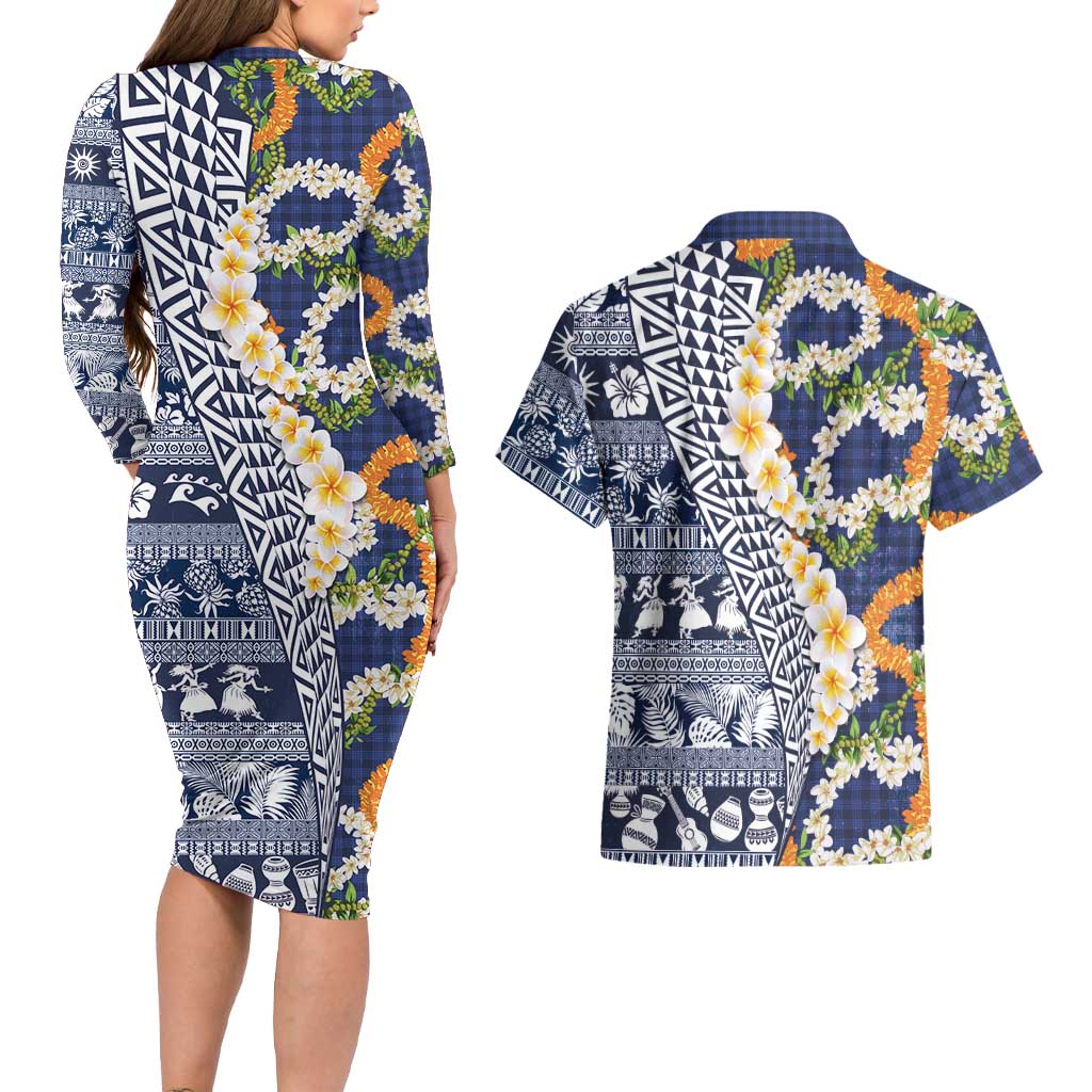 Hawaiian Plumeria Lei Couples Matching Long Sleeve Bodycon Dress and Hawaiian Shirt Kakau Motifs and Palaka Half Style Blue Color LT03 - Polynesian Pride