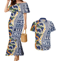 Hawaiian Plumeria Lei Couples Matching Mermaid Dress and Hawaiian Shirt Kakau Motifs and Palaka Half Style Blue Color LT03 Blue - Polynesian Pride
