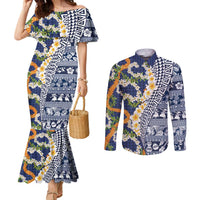 Hawaiian Plumeria Lei Couples Matching Mermaid Dress and Long Sleeve Button Shirt Kakau Motifs and Palaka Half Style Blue Color LT03 Blue - Polynesian Pride