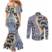 Hawaiian Plumeria Lei Couples Matching Mermaid Dress and Long Sleeve Button Shirt Kakau Motifs and Palaka Half Style Blue Color LT03 - Polynesian Pride